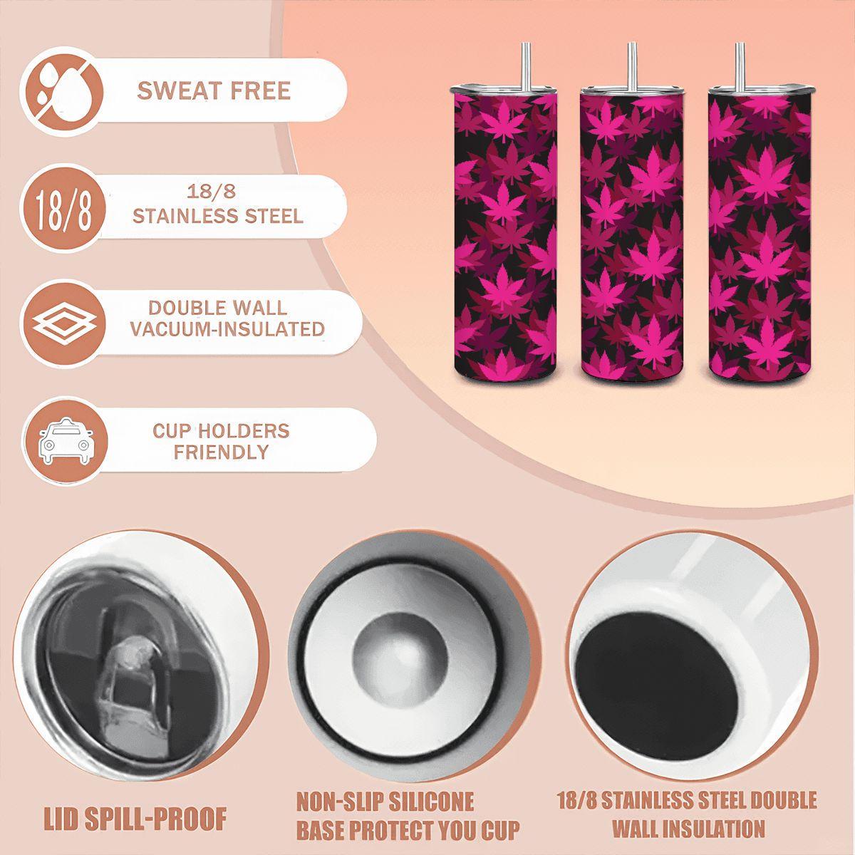 ColorFlow | Pink Neon Leaf Tumbler 20oz | Bold Cannabis Stainless Steel Cup | Weed Gift for Stoner Women-4